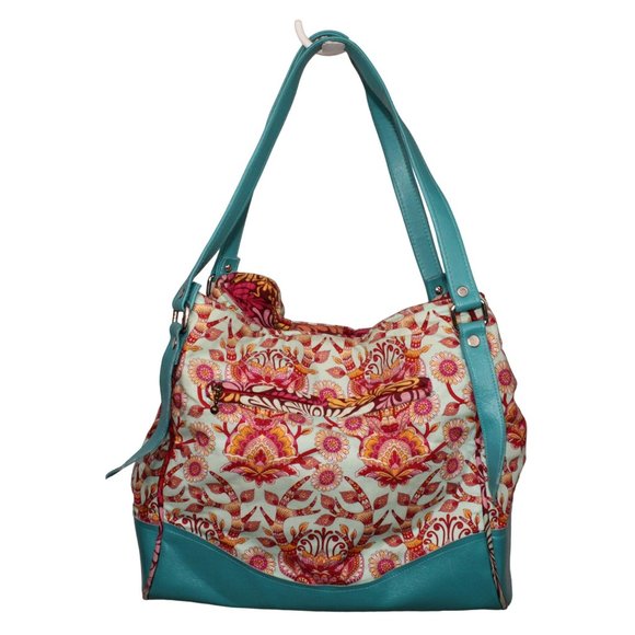 Karried Astray Teal Green Faux Leather Floral Fabric Satchel Shoulder Purse - Picture 3 of 14